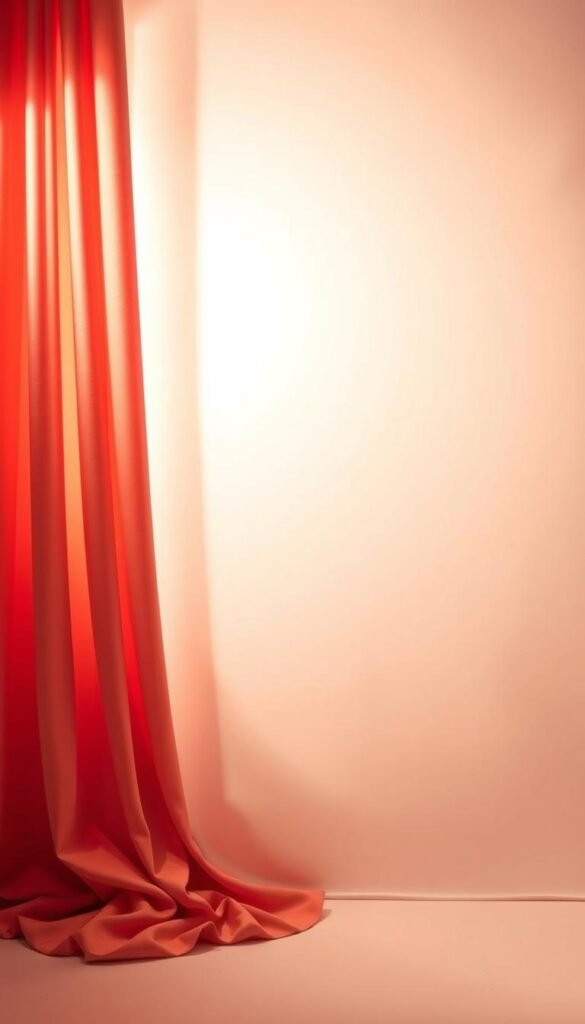 A meticulously lit studio scene showcasing a variety of coral-colored curtain swatches draped elegantly against a plain white backdrop. The swatches are positioned to capture the nuances of the coral hue as it interacts with different angles and intensities of warm, soft lighting. A muted, pastel-toned color palette creates a serene, inviting atmosphere, while the sharp focus and clean composition draw the viewer's attention to the subtle variations in the fabric's texture and sheen. This image aims to guide the viewer in confidently selecting the perfect coral shade to infuse their bedroom with a cheerful, rejuvenating energy.