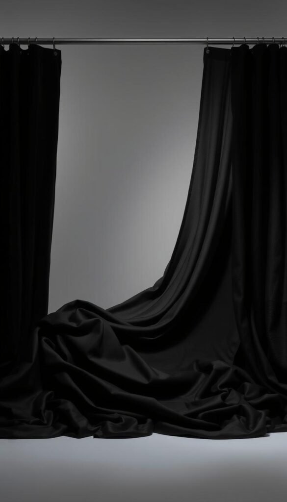 A meticulously lit studio setting showcasing a comparison of various black curtain fabrics. Prominent in the foreground are multiple swatches of high-quality black textiles, including velvet, satin, linen, and sheer chiffon, each illuminated to highlight their distinct textures and subtle variations in tone. In the middle ground, the fabrics are draped and arranged to create a sense of depth and visual interest. The background is a softly defocused, minimalist backdrop, allowing the fabrics to take center stage. Crisp, directional lighting casts subtle shadows, accentuating the dimensional qualities of the materials. The overall mood is one of refined elegance and sophistication, inviting the viewer to closely examine the nuanced properties of these luxurious black curtain options. A meticulously lit studio setting showcasing a comparison of various black curtain fabrics. Prominent in the foreground are multiple swatches of high-quality black textiles, including velvet, satin, linen, and sheer chiffon, each illuminated to highlight their distinct textures and subtle variations in tone. In the middle ground, the fabrics are draped and arranged to create a sense of depth and visual interest. The background is a softly defocused, minimalist backdrop, allowing the fabrics to take center stage. Crisp, directional lighting casts subtle shadows, accentuating the dimensional qualities of the materials. The overall mood is one of refined elegance and sophistication, inviting the viewer to closely examine the nuanced properties of these luxurious black curtain options.