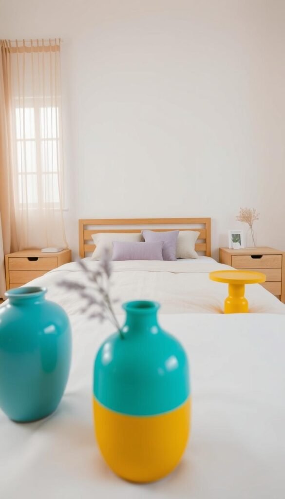 A minimalist bedroom setting with warm, neutral tones as the base. In the foreground, carefully placed accent colors - a vibrant turquoise vase, a soft lavender throw pillow, and a mustard yellow side table. Diffused, natural light filters through sheer beige curtains, creating a serene, balanced atmosphere. The middle ground features a clean-lined, wooden bed frame and nightstands, complementing the overall minimalist aesthetic. The background showcases a plain white wall, allowing the accent colors to take center stage without overwhelming the space. Captured with a wide-angle lens to provide a comprehensive, harmonious view of the tranquil, inviting interior.