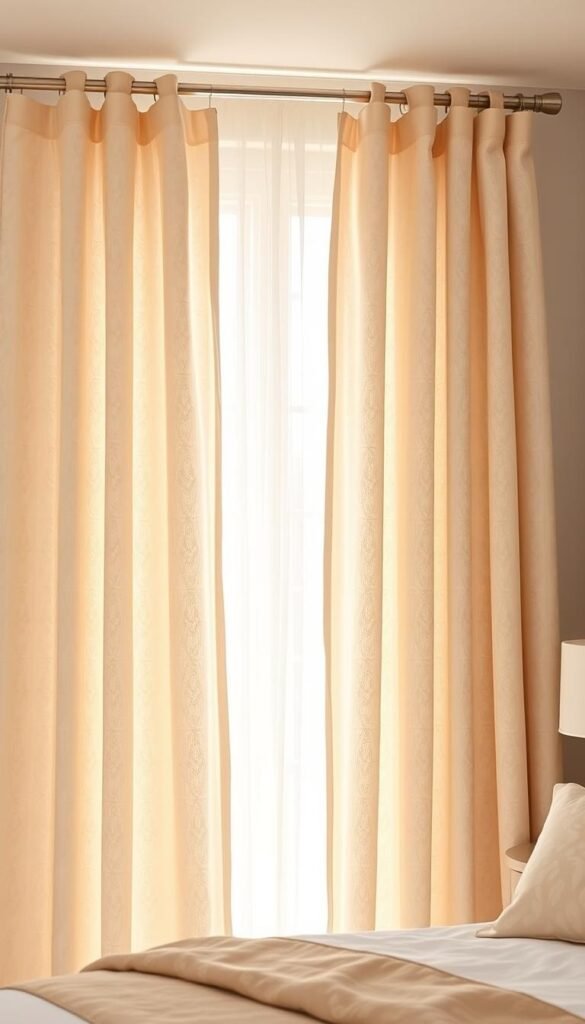 A minimalist curtain hardware arrangement with subtle, soft patterns adorns a bright, airy bedroom. The hardware is sleek, modern, and free of unnecessary flourishes, allowing the fabric to take center stage. The curtains feature a delicate, abstract motif that adds visual interest without overwhelming the space. Warm, natural lighting filters through the sheer panels, creating a serene, welcoming ambiance. The overall effect is one of understated elegance, where the design elements work in harmony to make the room feel larger and more inviting. A minimalist curtain hardware arrangement with subtle, soft patterns adorns a bright, airy bedroom. The hardware is sleek, modern, and free of unnecessary flourishes, allowing the fabric to take center stage. The curtains feature a delicate, abstract motif that adds visual interest without overwhelming the space. Warm, natural lighting filters through the sheer panels, creating a serene, welcoming ambiance. The overall effect is one of understated elegance, where the design elements work in harmony to make the room feel larger and more inviting.