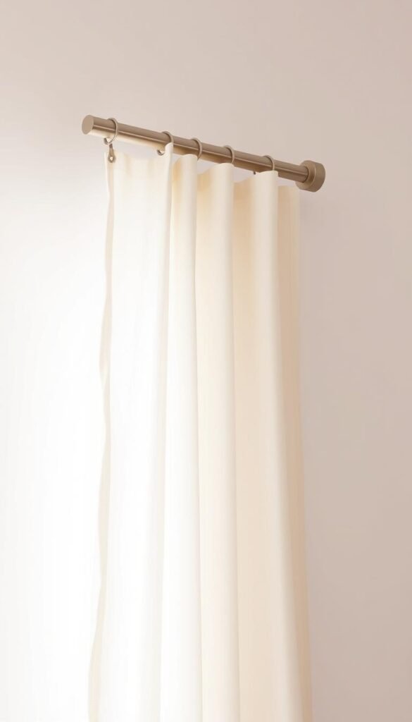 A minimalist curtain hardware setup featuring a clean, unobtrusive steel curtain rod mounted flush against a bright white wall. The rod's simple cylindrical form casts a subtle shadow, accentuating its elegant simplicity. Delicate linen curtains sway gently in a soft, natural light, their sheer fabric creating a serene, airy atmosphere. The hardware is precisely positioned, with invisible mounting brackets ensuring a seamless, streamlined look. The overall impression is one of understated sophistication, allowing the focus to remain on the graceful movement of the curtains and the calming ambiance of the space. A minimalist curtain hardware setup featuring a clean, unobtrusive steel curtain rod mounted flush against a bright white wall. The rod's simple cylindrical form casts a subtle shadow, accentuating its elegant simplicity. Delicate linen curtains sway gently in a soft, natural light, their sheer fabric creating a serene, airy atmosphere. The hardware is precisely positioned, with invisible mounting brackets ensuring a seamless, streamlined look. The overall impression is one of understated sophistication, allowing the focus to remain on the graceful movement of the curtains and the calming ambiance of the space.