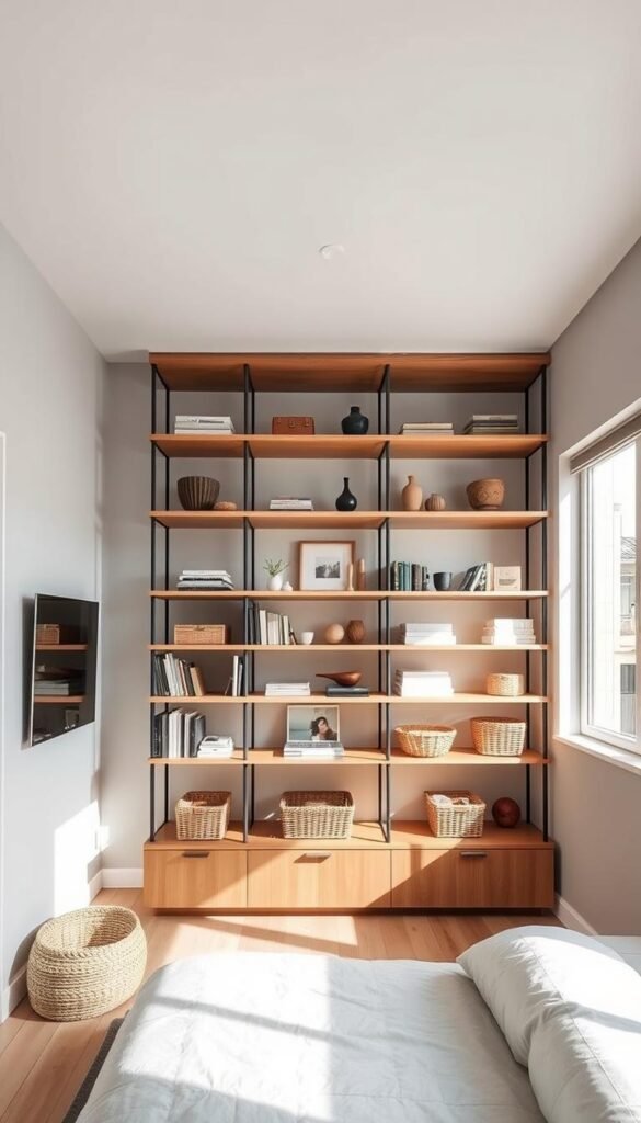 A minimalist, well-lit room featuring a floor-to-ceiling shelving unit with sleek, floating wooden shelves. The shelves are filled with a variety of decorative objects, books, and baskets, creating a visually appealing and organized storage solution. The room has a neutral color palette, with soft gray walls and natural wood accents. Large windows allow natural light to pour in, casting a warm glow over the space. The shelving unit is positioned as the focal point, drawing the eye upwards and emphasizing the vertical space. The overall atmosphere is modern, serene, and conducive to a small, cozy bedroom. A minimalist, well-lit room featuring a floor-to-ceiling shelving unit with sleek, floating wooden shelves. The shelves are filled with a variety of decorative objects, books, and baskets, creating a visually appealing and organized storage solution. The room has a neutral color palette, with soft gray walls and natural wood accents. Large windows allow natural light to pour in, casting a warm glow over the space. The shelving unit is positioned as the focal point, drawing the eye upwards and emphasizing the vertical space. The overall atmosphere is modern, serene, and conducive to a small, cozy bedroom.