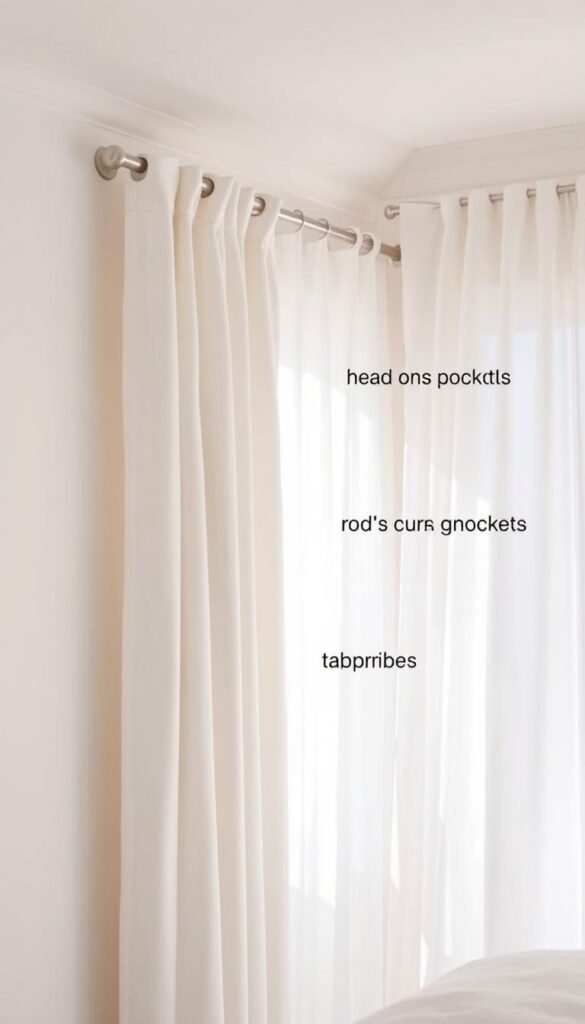 A minimalist white bedroom with soft, sheer curtains hanging from elegant, modern curtain hardware. The curtain header styles in focus, showcasing a variety of options including rod pockets, grommets, and tab tops. Warm, diffused lighting illuminates the scene, accentuating the textures and subtle details of the curtains and hardware. The camera angles highlight the different header styles, allowing the viewer to visualize how each would complement a serene, pared-down aesthetic. The overall mood is one of calm, refined sophistication, reflecting the article's theme of creating a tranquil, minimalist bedroom space.