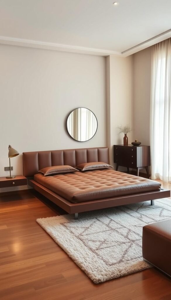 A modern Turkish bedroom with sleek, minimalist furniture in warm, earthy tones. The centerpiece is a low, platform bed with a plush, tufted headboard in rich brown leather. Floating nightstands with clean lines and brass hardware flank the bed. A midcentury-inspired dresser in dark wood stands against the wall, complemented by a large, round mirror above. Soft, natural light filters in through sheer curtains, casting a cozy glow. The hardwood floors are covered by a plush, textured area rug in neutral shades. The overall aesthetic is a harmonious blend of traditional Turkish design elements and contemporary, pared-down sophistication. A modern Turkish bedroom with sleek, minimalist furniture in warm, earthy tones. The centerpiece is a low, platform bed with a plush, tufted headboard in rich brown leather. Floating nightstands with clean lines and brass hardware flank the bed. A midcentury-inspired dresser in dark wood stands against the wall, complemented by a large, round mirror above. Soft, natural light filters in through sheer curtains, casting a cozy glow. The hardwood floors are covered by a plush, textured area rug in neutral shades. The overall aesthetic is a harmonious blend of traditional Turkish design elements and contemporary, pared-down sophistication.
