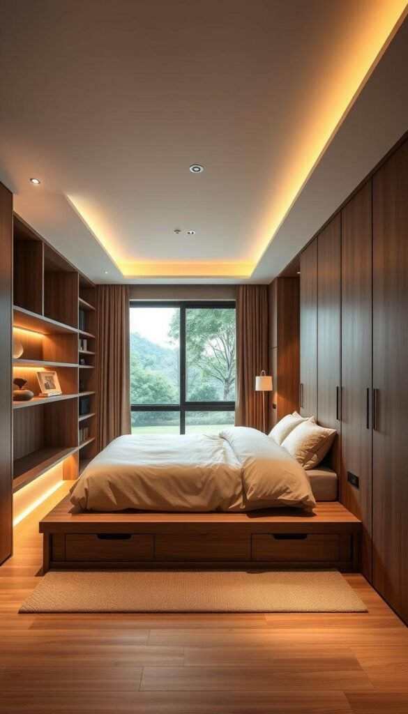 A modern, clutter-free bedroom with an array of innovative storage solutions. A sleek, minimalist platform bed with hidden compartments underneath, complemented by floating shelves and a custom-built closet system with discreet sliding doors. Soft, warm lighting casts a cozy glow, highlighting the natural wood tones and muted color palette. A large window offers a serene garden view, creating a harmonious, zen-like atmosphere. The overall aesthetic is one of effortless elegance and efficient organization, inspiring a sense of tranquility and relaxation.