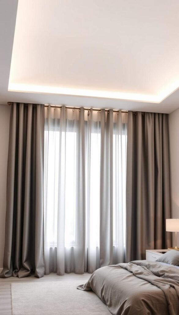 A modern, spacious bedroom with sleek grey blackout curtains cascading elegantly from the ceiling to the floor. The curtains are made of a high-quality, luxurious fabric that blocks out all light, creating a cozy, peaceful atmosphere. Soft, diffused lighting bathes the room, casting a warm, soothing glow. The curtains are precisely tailored, with crisp, clean lines and a subtle sheen that adds a touch of sophistication. The room is minimalist in design, allowing the curtains to be the focal point, complementing the overall grey color scheme and creating a serene, calming environment perfect for rest and relaxation.