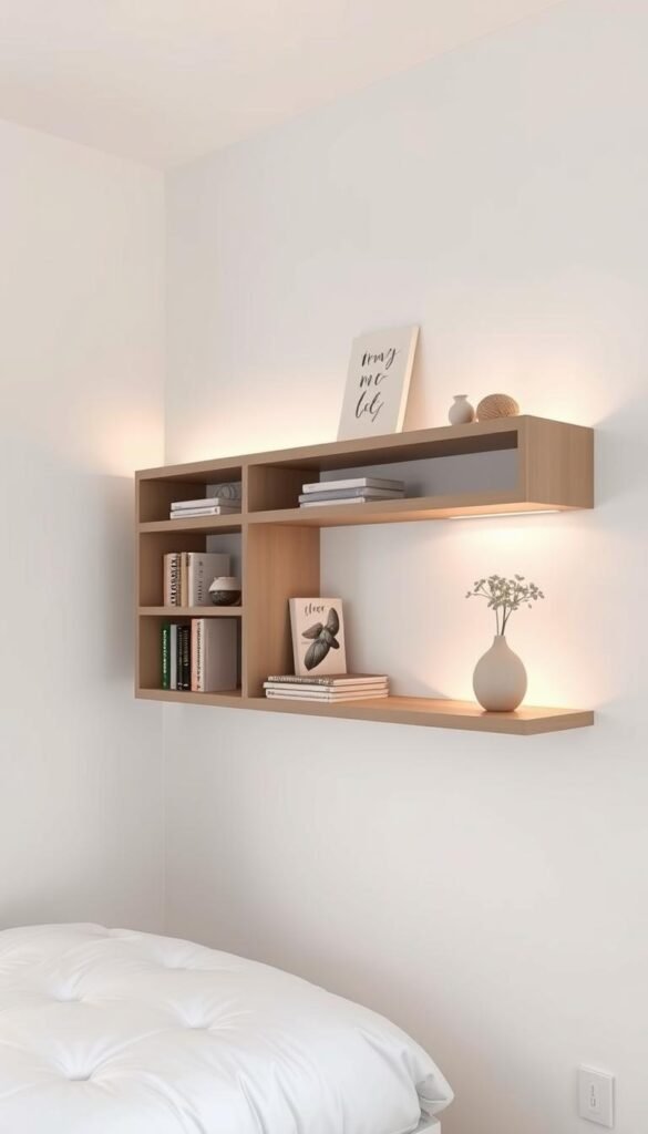 A multipurpose wall shelf with integrated lighting, designed to maximize storage and ambiance in a small girls bedroom. The shelf features sleek, modern lines with a floating appearance, suspended against a crisp white wall. Subtle LED lighting gently illuminates the shelves, casting a warm, cozy glow. Various sized compartments allow for display of books, décor, and personal mementos. The minimalist aesthetic complements the room's soft pastel color palette, creating an inviting, serene atmosphere. A wide-angle lens captures the shelf's clean, functional design, blending seamlessly into the bedroom's overall airy and whimsical aesthetic. A multipurpose wall shelf with integrated lighting, designed to maximize storage and ambiance in a small girls bedroom. The shelf features sleek, modern lines with a floating appearance, suspended against a crisp white wall. Subtle LED lighting gently illuminates the shelves, casting a warm, cozy glow. Various sized compartments allow for display of books, décor, and personal mementos. The minimalist aesthetic complements the room's soft pastel color palette, creating an inviting, serene atmosphere. A wide-angle lens captures the shelf's clean, functional design, blending seamlessly into the bedroom's overall airy and whimsical aesthetic.