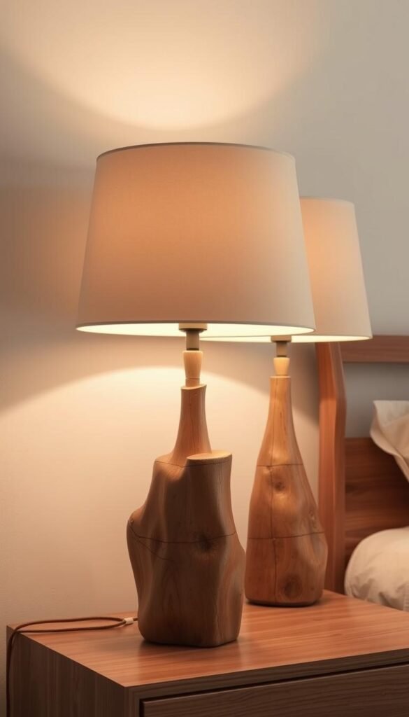 A natural, earthy ambiance with a pair of rustic timber lamp bases in the foreground, casting a warm, inviting glow across the scene. The lamps stand upon a wooden dresser or nightstand, their organic forms and textures complementing the timeless, minimalist design. Soft, diffused lighting illuminates the space, creating a cozy, tranquil atmosphere. The background features a simple, neutral-toned wall, allowing the lamps to take center stage and establish a sense of timeless, natural elegance in the bedroom setting. A natural, earthy ambiance with a pair of rustic timber lamp bases in the foreground, casting a warm, inviting glow across the scene. The lamps stand upon a wooden dresser or nightstand, their organic forms and textures complementing the timeless, minimalist design. Soft, diffused lighting illuminates the space, creating a cozy, tranquil atmosphere. The background features a simple, neutral-toned wall, allowing the lamps to take center stage and establish a sense of timeless, natural elegance in the bedroom setting.