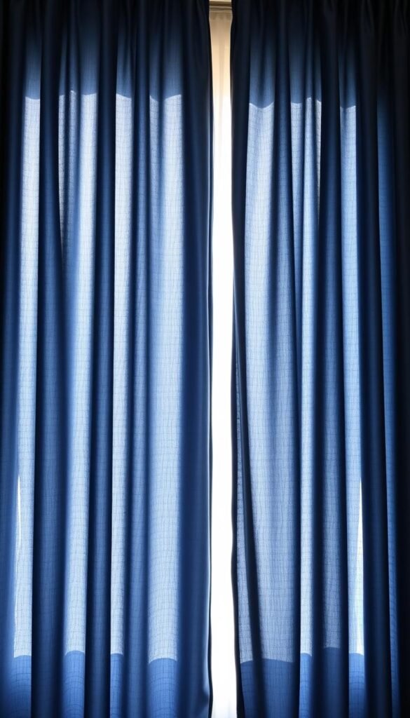 A navy blue curtain with a sleek, contemporary design, hanging gracefully in a sun-drenched bedroom. The fabric has a slight sheen, creating a luxurious, textural appearance. The curtains are floor-to-ceiling, adding depth and elegance to the space. Soft, diffused lighting filters through the curtains, casting a warm, inviting glow. The curtain panels are tailored with clean, crisp lines, accentuating the modern aesthetic. The overall composition evokes a sense of tranquility and sophistication, perfectly complementing the navy blue color palette.