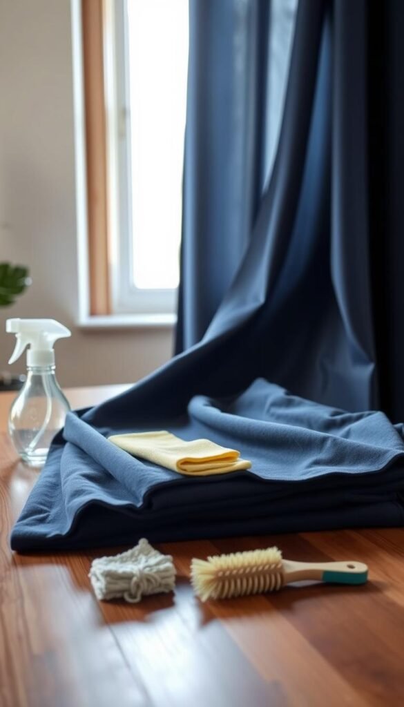 A neatly folded navy blue curtain lies on a wooden table, surrounded by cleaning supplies including a spray bottle, microfiber cloth, and a small brush. Soft natural lighting filters through the curtain, creating a serene and calming atmosphere. In the background, a window frame is visible, hinting at the curtain's intended use. The composition emphasizes the importance of proper maintenance and care to preserve the long-lasting beauty of these navy blue curtains, perfect for adding depth and richness to a bedroom interior.