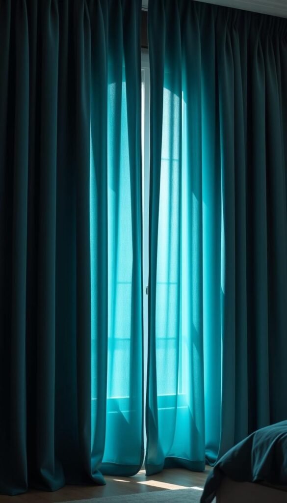 A pair of opulent blackout teal curtains hang majestically, their sumptuous folds cascading to the floor in a rich, velvety embrace. The curtains dominate the frame, casting a soothing, shadowy glow across the tranquil bedroom scene. Soft, indirect lighting filters through the teal fabric, creating a cocooning atmosphere of privacy and relaxation. The curtains are the centerpiece, their deep hue and luxurious texture evoking a sense of contemporary elegance and sophistication. The scene conveys a retreat from the outside world, a sanctuary of serene repose where one can truly unwind and recharge.