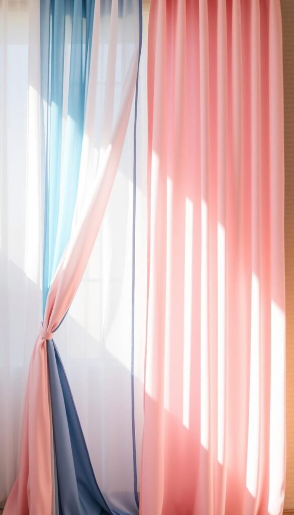 A pair of sheer, flowing pink and blue curtains billowing softly in a warm, natural light. The curtains are arranged in a harmonious, symmetrical manner, creating a visually pleasing and feminine composition. The pink curtain, with its delicate hue, takes the foreground, while the blue curtain provides a complementary accent in the middle ground. The background is a softly blurred, neutral-toned wall, allowing the curtains to be the focal point. The overall scene exudes a sense of tranquility and sophistication, perfectly reflecting the "Blush Pink Bedroom Curtains That Feel Feminine" theme.