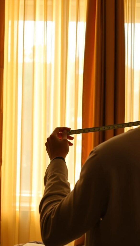 A person carefully measuring the width and length of a bedroom window with a tape measure, preparing to order custom-made gold curtains. The room is bathed in warm, golden light filtering through sheer curtains, creating a cozy, luxurious ambiance. The person's face is not visible, but their hands and the measurement process are the focal point. The background is blurred, keeping the attention on the detailed measurement task at hand. The overall mood is one of focused preparation, anticipation, and a sense of creating a refined, elegant space.