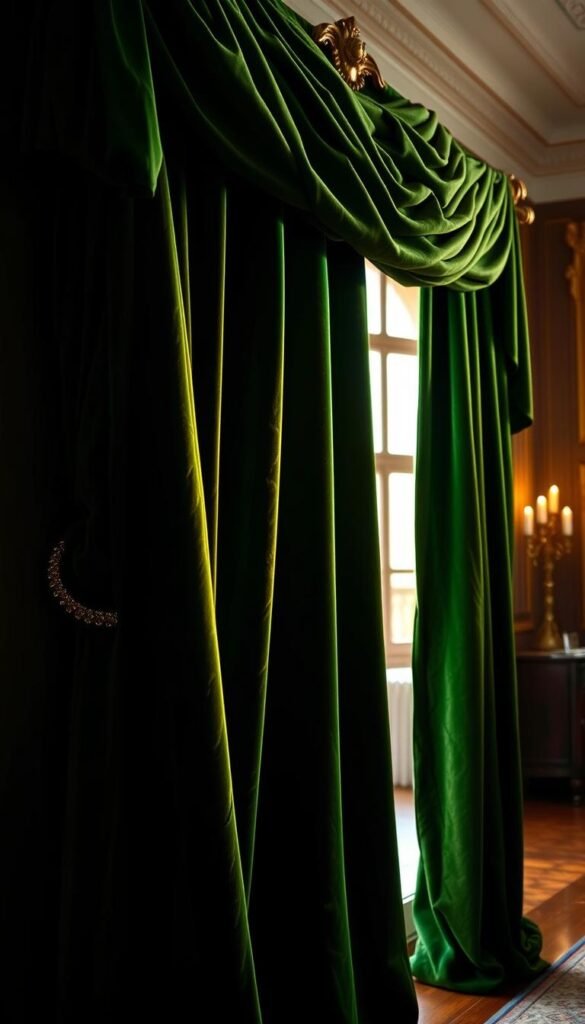 A richly textured green velvet curtain cascades elegantly, its sumptuous folds illuminated by warm, directional lighting that casts dramatic shadows. The curtain is the centerpiece, framed by an ornate, gilded rod and lush swags that add a regal, luxurious feel. The background is a softly blurred, high-contrast scene, hinting at a grand, stately interior space that evokes a sense of timeless sophistication. The overall composition conveys a cozy, inviting ambiance that would complement a variety of design styles, from traditional to modern. A richly textured green velvet curtain cascades elegantly, its sumptuous folds illuminated by warm, directional lighting that casts dramatic shadows. The curtain is the centerpiece, framed by an ornate, gilded rod and lush swags that add a regal, luxurious feel. The background is a softly blurred, high-contrast scene, hinting at a grand, stately interior space that evokes a sense of timeless sophistication. The overall composition conveys a cozy, inviting ambiance that would complement a variety of design styles, from traditional to modern.