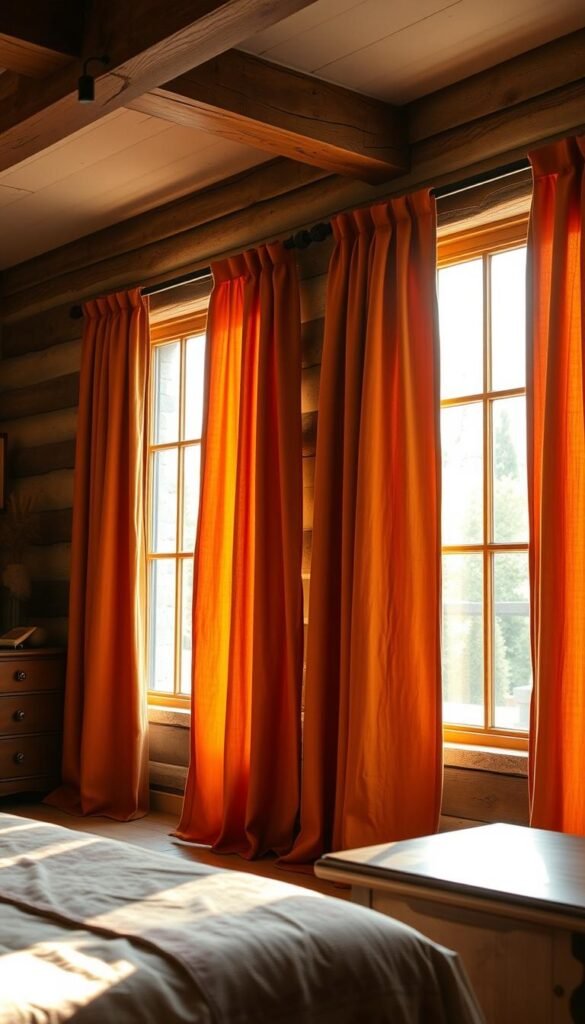 A rustic bedroom with natural light streaming in through large windows, revealing a set of quality burnt orange curtains adorning the frames. The curtains are made of thick, textured fabric with a slight sheen, cascading gracefully to the floor. Wooden furniture, exposed beams, and a cozy atmosphere create a welcoming, countryside ambiance. The lighting is warm and soft, casting a golden glow that highlights the rich hue of the curtains. The camera captures the scene from a slightly elevated angle, showcasing the full length of the curtains and the harmony between the rustic elements and the vibrant color. A rustic bedroom with natural light streaming in through large windows, revealing a set of quality burnt orange curtains adorning the frames. The curtains are made of thick, textured fabric with a slight sheen, cascading gracefully to the floor. Wooden furniture, exposed beams, and a cozy atmosphere create a welcoming, countryside ambiance. The lighting is warm and soft, casting a golden glow that highlights the rich hue of the curtains. The camera captures the scene from a slightly elevated angle, showcasing the full length of the curtains and the harmony between the rustic elements and the vibrant color.