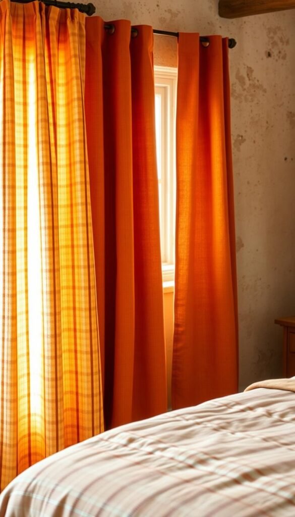 A rustic bedroom with warm, burnt orange curtain options. In the foreground, a pair of patterned curtains with a subtle woven texture, perhaps a classic plaid or damask design. In the middle ground, a set of solid, textured curtains in a rich, earthy tone, adding depth and contrast. The background features a neutral, weathered wall, capturing the essence of a cozy, rustic ambiance. Natural lighting filters in, casting a soft, golden glow and highlighting the depth and character of the fabric. The composition emphasizes the juxtaposition of pattern and solid, inviting the viewer to consider the best fit for a rustic decor scheme. A rustic bedroom with warm, burnt orange curtain options. In the foreground, a pair of patterned curtains with a subtle woven texture, perhaps a classic plaid or damask design. In the middle ground, a set of solid, textured curtains in a rich, earthy tone, adding depth and contrast. The background features a neutral, weathered wall, capturing the essence of a cozy, rustic ambiance. Natural lighting filters in, casting a soft, golden glow and highlighting the depth and character of the fabric. The composition emphasizes the juxtaposition of pattern and solid, inviting the viewer to consider the best fit for a rustic decor scheme.