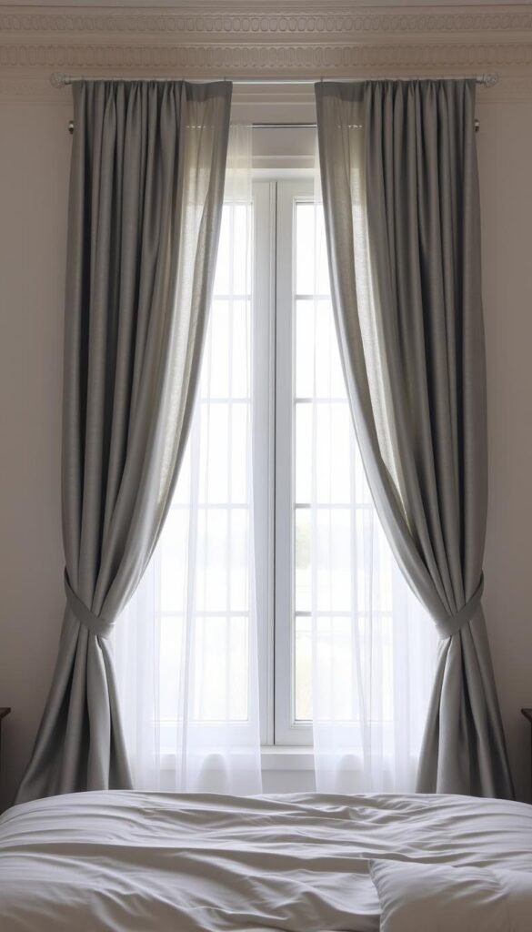 A serene and elegant bedroom setting with a pair of graceful grey and white curtains cascading from the ceiling. The curtains are made of a soft, flowing fabric with subtle textural details that catch the gentle light filtering in from a large window. The curtains are draped in a symmetrical, tailored manner, creating a harmonious and well-balanced composition. The overall mood is one of tranquility and sophistication, with the grey and white palette lending a calming, sophisticated atmosphere to the space.