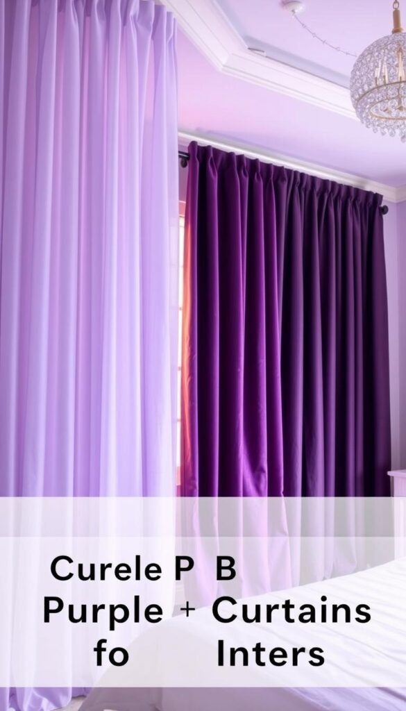 A serene and elegant purple bedroom with a variety of curtain fabric types artfully displayed. In the foreground, sheer voile curtains in a delicate lavender hue gently billow in a soft breeze. In the middle ground, plush velvet curtains in a rich eggplant shade frame the window, their luxurious texture catching the warm ambient lighting. In the background, heavy blackout curtains in a deep aubergine color hang in stately folds, ready to block out any unwanted light. The overall scene conveys a sense of luxurious sophistication, perfect for an article on "Purple Bedroom Curtains for Elegant Interiors."