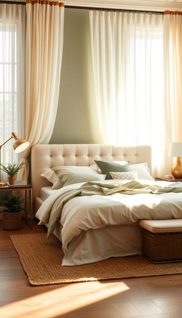 A serene and inviting cream and sage green bedroom, flooded with warm, natural light spilling through sheer curtains. A plush, tufted cream headboard frames the bed, accented by layered sage green linens and pillows. Delicate potted plants and a woven jute rug add organic textures, while a muted sage green accent wall provides a soothing backdrop. Soft, diffused lighting from a brass floor lamp and bedside table lamps creates a cozy, intimate ambiance. The overall atmosphere is tranquil, sophisticated, and perfectly suited for a restful, rejuvenating night's sleep. A serene and inviting cream and sage green bedroom, flooded with warm, natural light spilling through sheer curtains. A plush, tufted cream headboard frames the bed, accented by layered sage green linens and pillows. Delicate potted plants and a woven jute rug add organic textures, while a muted sage green accent wall provides a soothing backdrop. Soft, diffused lighting from a brass floor lamp and bedside table lamps creates a cozy, intimate ambiance. The overall atmosphere is tranquil, sophisticated, and perfectly suited for a restful, rejuvenating night's sleep.