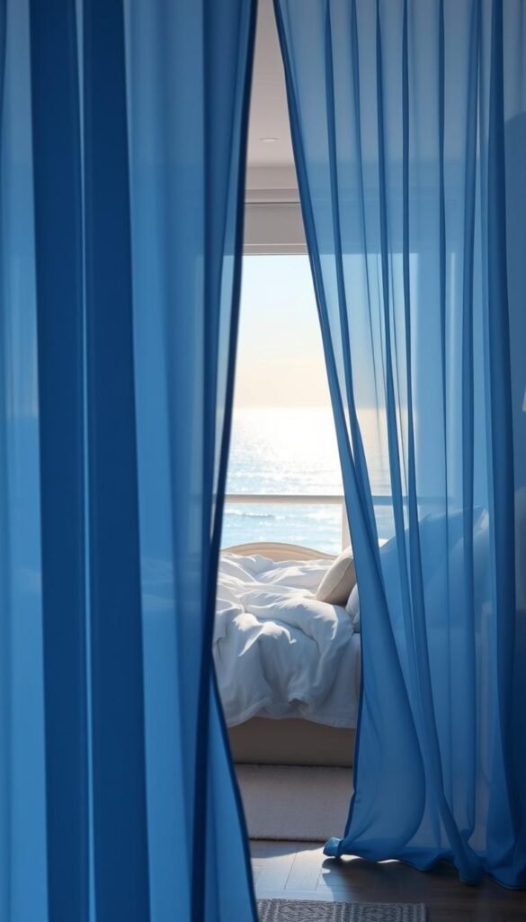 A serene and tranquil bedroom sanctuary, bathed in the soothing hues of blue. In the foreground, delicate, flowing curtains of azure silk, gently billowing in a soft breeze. The middle ground reveals a cozy, well-appointed space, with a plush, cloud-like bed draped in layers of soft, coastal-inspired linens. Indirect, warm lighting casts a calming glow, while the background showcases a panoramic vista of a sun-dappled ocean horizon, evoking a sense of serenity and connection to nature. The overall atmosphere is one of peaceful respite, where the mind can unwind and the soul can find solace.