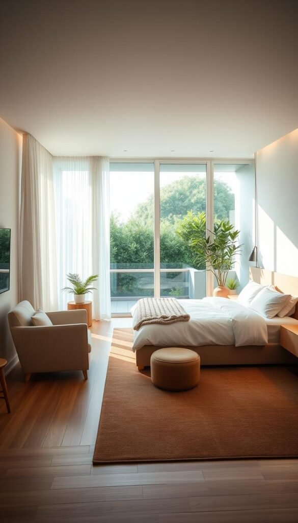 A serene and tranquil bedroom sanctuary, illuminated by soft natural light filtering through sheer curtains. A plush, inviting king-size bed with crisp white linens and a cozy knitted throw, flanked by minimalist nightstands with a single potted plant. In the corner, a comfortable armchair and footstool create a cozy reading nook. Smooth, natural wood floors and clean white walls provide a calming backdrop, while a large area rug in earthy tones adds warmth. Indirect lighting casts a gentle glow, creating a peaceful, spa-like ambiance. An open balcony overlooking a lush, verdant garden completes the serene, wellness-inspired space.