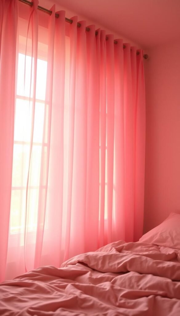 A serene bedroom bathed in a soft, pink glow. Delicate, sheer curtains cascade elegantly, filtering the warm sunlight and casting a dreamy hue across the space. The curtains sway gently, creating a mesmerizing dance of light and shadow. The room is enveloped in a peaceful, tranquil atmosphere, inviting you to relax and unwind. The camera captures this scene from a low angle, emphasizing the ethereal quality of the light and the inviting, cozy ambiance of the bedroom. Soft textures, muted tones, and a sense of quiet elegance pervade the image, transporting the viewer to a restful, restorative haven. A serene bedroom bathed in a soft, pink glow. Delicate, sheer curtains cascade elegantly, filtering the warm sunlight and casting a dreamy hue across the space. The curtains sway gently, creating a mesmerizing dance of light and shadow. The room is enveloped in a peaceful, tranquil atmosphere, inviting you to relax and unwind. The camera captures this scene from a low angle, emphasizing the ethereal quality of the light and the inviting, cozy ambiance of the bedroom. Soft textures, muted tones, and a sense of quiet elegance pervade the image, transporting the viewer to a restful, restorative haven.