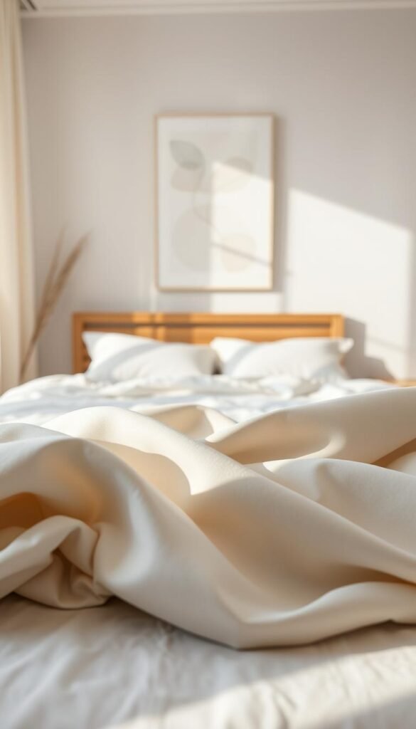 A serene bedroom interior bathed in soft, natural light. In the foreground, a selection of luxurious fabric swatches in muted tones of cream, ivory, and light gray. The textures range from silky satin to plush velvet, each inviting the viewer to imagine their calming presence as curtains, bedding, or upholstery. In the middle ground, a wooden bed frame with clean, minimalist lines provides a backdrop, while the background showcases a wall adorned with delicate, abstract artwork, contributing to the tranquil ambiance. The scene is captured with a shallow depth of field, gently guiding the eye towards the focal point of the fabric samples.