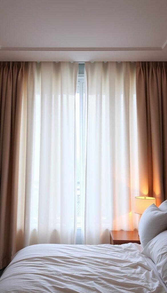 A serene bedroom with a large window, the curtains drawn closed to create a peaceful, sleep-inducing environment. The neutral-toned blackout curtains, cascading from ceiling to floor, block out any unwanted light, ensuring a restful, undisturbed slumber. Soft, diffused lighting emanates from a bedside lamp, casting a warm, cozy glow on the tranquil scene. The bed, dressed in crisp, white linens, invites the viewer to sink into its comfort. The overall atmosphere is one of tranquility and relaxation, highlighting the benefits of using neutral-colored blackout curtains for optimal sleep quality. A serene bedroom with a large window, the curtains drawn closed to create a peaceful, sleep-inducing environment. The neutral-toned blackout curtains, cascading from ceiling to floor, block out any unwanted light, ensuring a restful, undisturbed slumber. Soft, diffused lighting emanates from a bedside lamp, casting a warm, cozy glow on the tranquil scene. The bed, dressed in crisp, white linens, invites the viewer to sink into its comfort. The overall atmosphere is one of tranquility and relaxation, highlighting the benefits of using neutral-colored blackout curtains for optimal sleep quality.