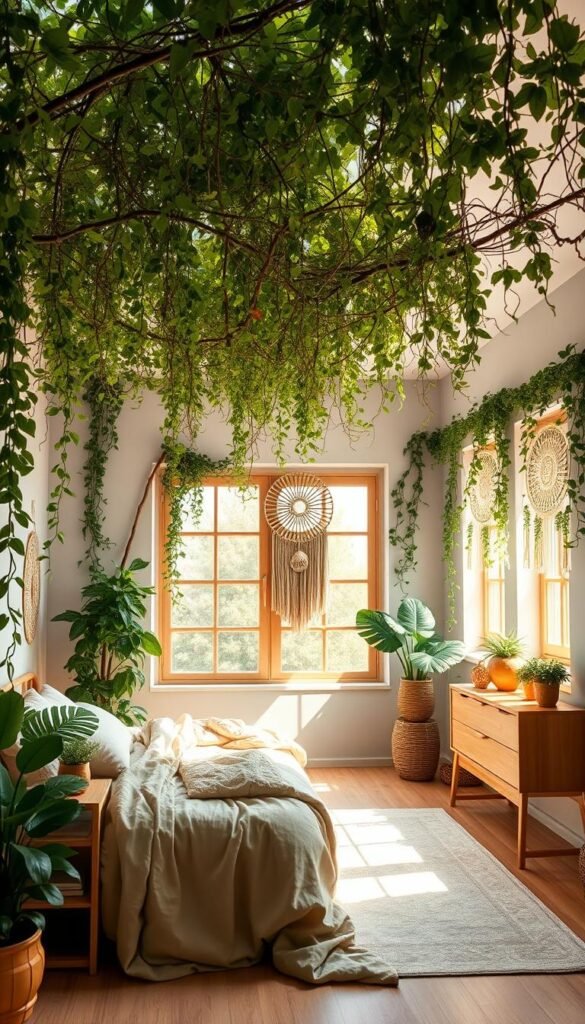 A serene, biophilic bedroom design with a lush, verdant canopy of plants cascading from the ceiling, creating a tranquil, nature-inspired ambiance. The foreground features a cozy, minimalist bed frame draped in soft, earthy linens, complemented by an array of potted greenery on a natural wood nightstand. The middle ground showcases a large window, allowing warm, natural light to filter in and illuminate the space. In the background, the walls are adorned with delicate vines and intricate, botanical wall hangings, further accentuating the harmonious integration of nature within this intimate, relaxing sanctuary. The overall composition evokes a sense of harmony, balance, and a deep connection to the natural world.