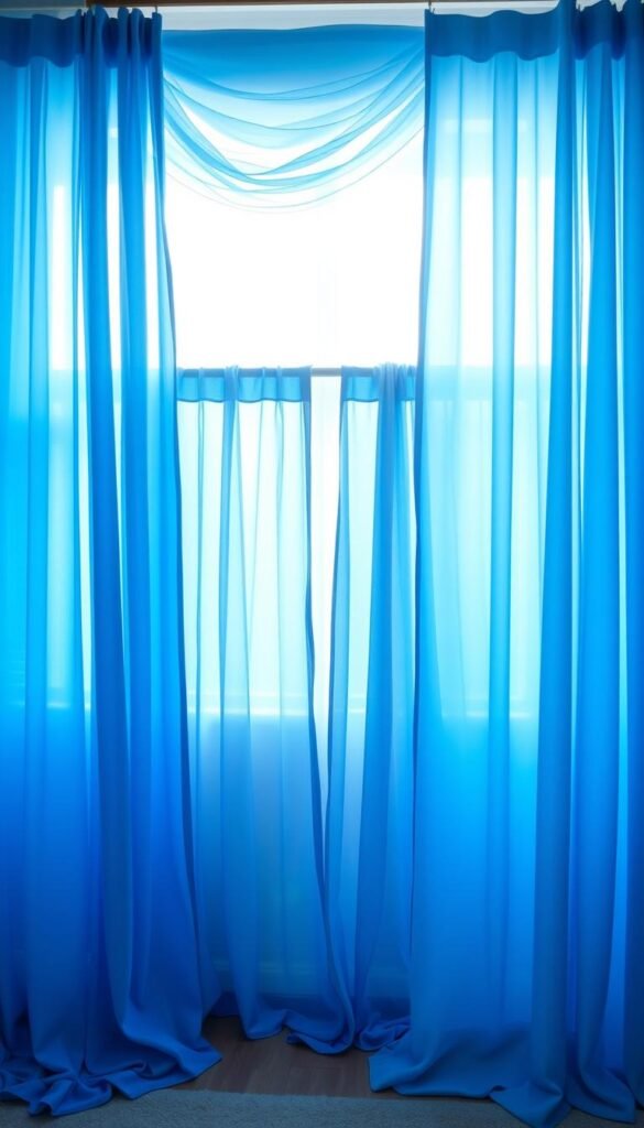 A serene blue curtain showcase in a tranquil bedroom setting. The curtains flow elegantly, their vibrant azure hues casting a calming glow across the room. The foreground features a variety of curtain styles - sheer panels, flowing drapes, and tailored valances. The middle ground showcases how these different curtain designs can be layered to create depth and visual interest. In the background, soft natural light filters through the curtains, illuminating the serene atmosphere. The lighting is diffused and gentle, emphasizing the soothing, relaxing mood. The camera angle is slightly elevated, providing a comprehensive view of the diverse blue curtain styles.