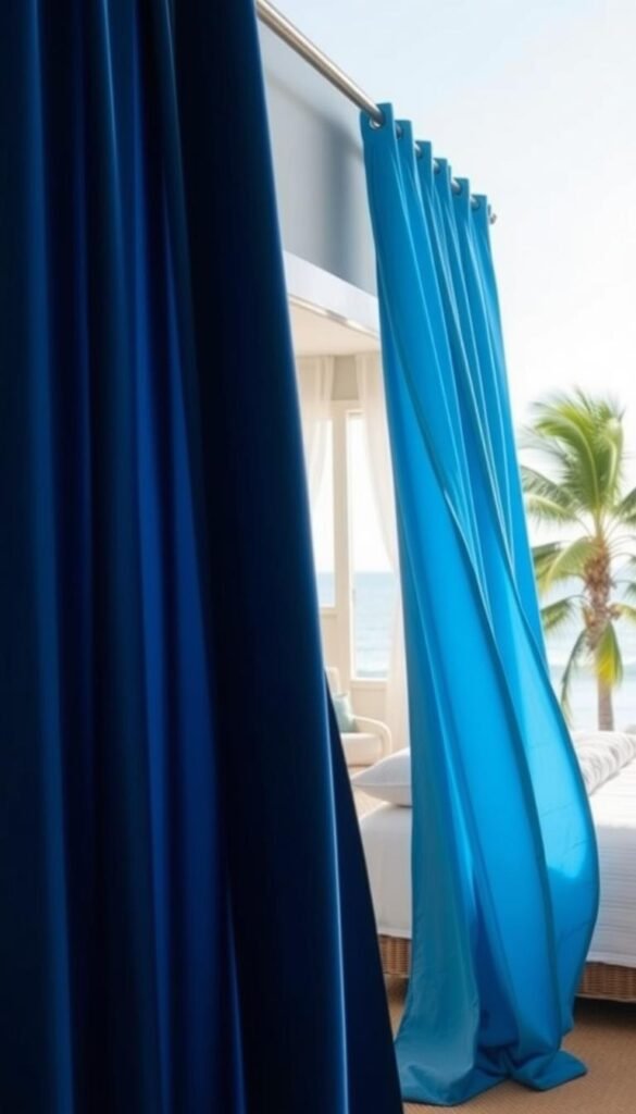 A serene coastal scene with a selection of alluring blue curtains prominently displayed in the foreground. The curtains sway gently in a soft, natural light, their hues ranging from deep navy to tranquil azure, evoking the calming essence of the ocean. The middle ground features a tastefully decorated bedroom interior, with subtle hints of coastal decor accents. In the background, a glimpse of a sun-drenched seaside landscape, complete with swaying palm trees and a distant horizon, sets the scene for a tranquil and rejuvenating atmosphere. The overall composition exudes a sense of relaxation and serenity, perfectly capturing the essence of "Blue Bedroom Curtains That Feel Calm and Coastal."