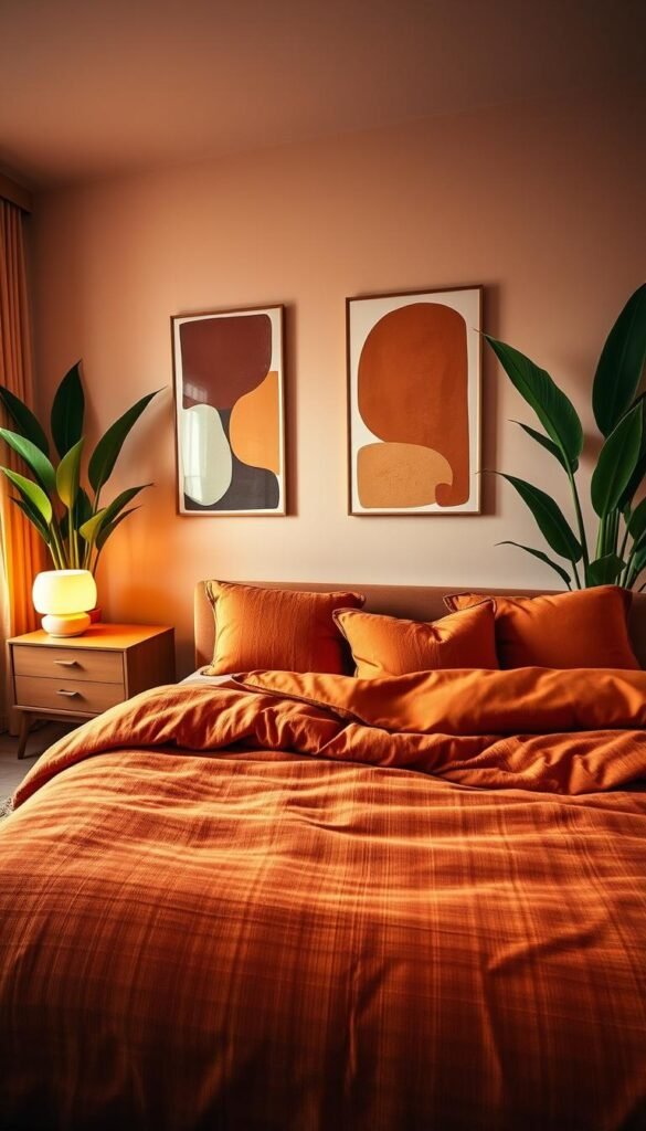 A serene, color-drenched bedroom with a cohesive palette of warm, earthy tones. The foreground features a plush, oversized bed adorned with rich, textured bedding in shades of terracotta and ochre. Mid-ground showcases a pair of mid-century modern nightstands in a complementary tone, each topped with a minimalist table lamp casting a soft, diffused glow. In the background, a feature wall is adorned with bold, abstract art prints in a harmonious color scheme, flanked by tall, lush houseplants. Soft, indirect lighting from hidden sources creates a cozy, enveloping atmosphere, while large windows allow natural daylight to filter in, accentuating the depth and vibrancy of the colors. The result is a cohesive, confident space that exudes a sense of warmth, relaxation, and contemporary sophistication.