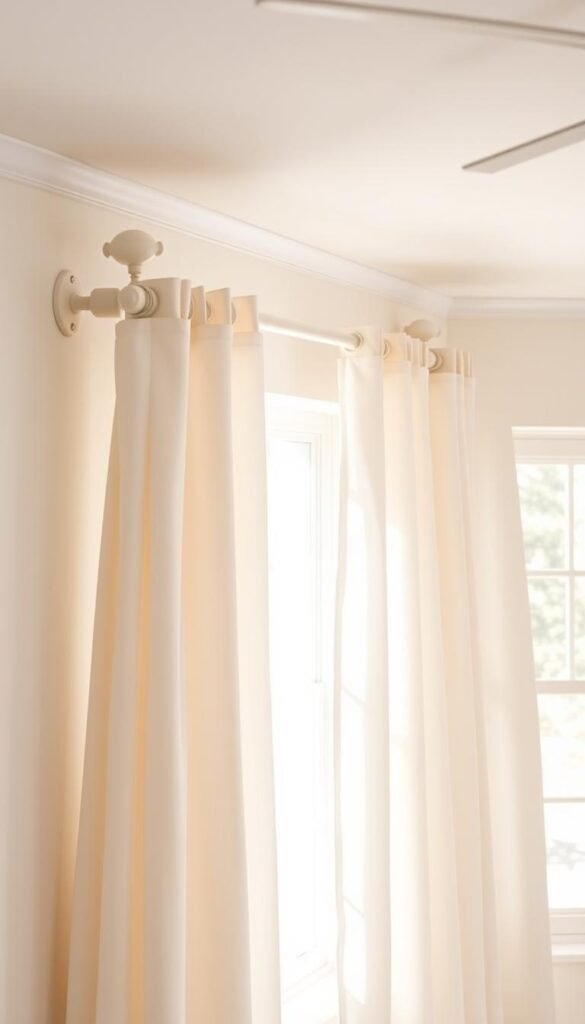 A serene curtain hardware installation in a cozy, sun-drenched bedroom. Delicate curtain rods with a matte, off-white finish seamlessly blend into the calming palette. Elegant finials crown the rods, radiating a sense of tranquility. Intricate wall brackets, crafted with precision, securely hold the hardware in place. Soft, diffused lighting from large windows casts a warm, soothing glow, accentuating the refined simplicity of the setup. The curtains themselves, in a sheer, off-white fabric, gently billow, creating a serene and inviting atmosphere. An overall composition that exudes a harmonious, peaceful ambiance, perfectly suited for a serene bedroom design.