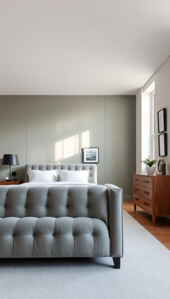 A serene, minimalist modern bedroom with a refined color palette. In the foreground, a plush, tufted gray linen bedframe commands attention, accented by crisp white bedding and throw pillows. Across the room, a floor-to-ceiling window floods the space with soft, natural light, casting a warm glow on the medium-toned wood nightstands and dresser. In the background, a feature wall in a soothing sage green hue adds depth and richness, while sleek black sconces and modern art pieces elevate the sophisticated, tranquil atmosphere. Captured with a wide-angle lens to showcase the harmonious, cohesive design.