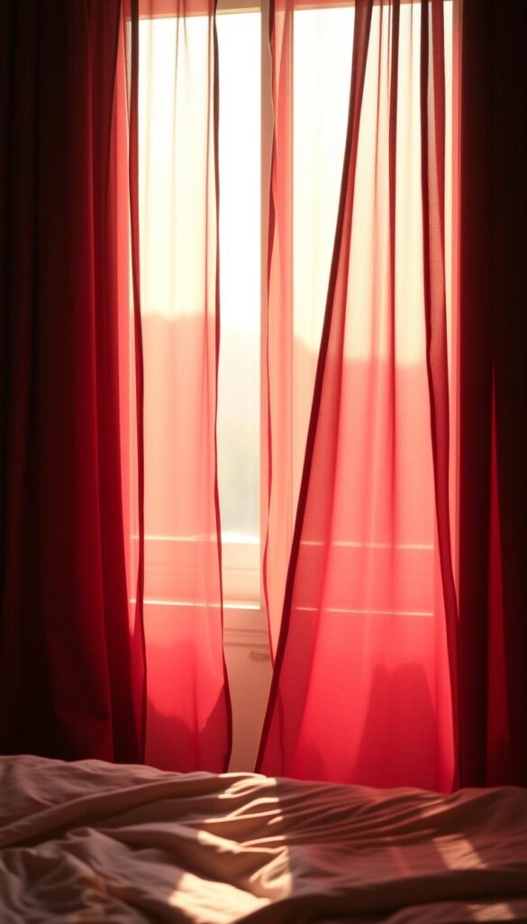 A serene, softly lit bedroom scene with sheer burgundy curtains gracefully flowing, diffusing warm, inviting light. The curtains are made of delicate, high-quality fabric that drapes elegantly, creating a cozy and intimate atmosphere. Subtle shadows and highlights accentuate the rich, deep burgundy hue, adding depth and dimension. The curtains are positioned to frame a tranquil view, perhaps of a distant landscape or a peaceful indoor setting. The overall effect is one of luxurious comfort and relaxation, perfect for a restful retreat. A serene, softly lit bedroom scene with sheer burgundy curtains gracefully flowing, diffusing warm, inviting light. The curtains are made of delicate, high-quality fabric that drapes elegantly, creating a cozy and intimate atmosphere. Subtle shadows and highlights accentuate the rich, deep burgundy hue, adding depth and dimension. The curtains are positioned to frame a tranquil view, perhaps of a distant landscape or a peaceful indoor setting. The overall effect is one of luxurious comfort and relaxation, perfect for a restful retreat.