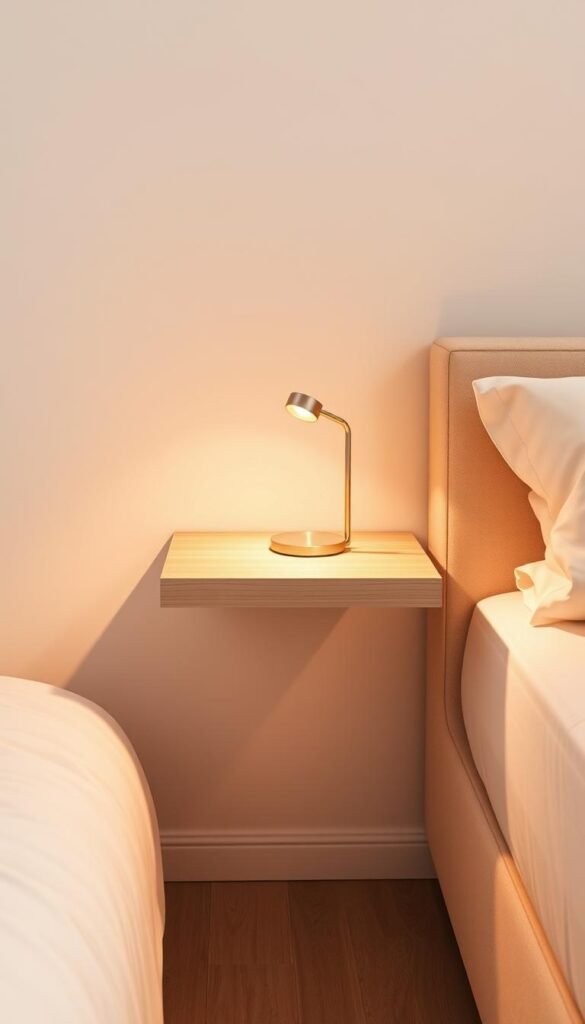 A slimline bedside table with a minimalist, floating design, bathed in warm, diffused lighting. The table features a sleek, rectangular top made of light-colored wood, levitating above a thin metal frame that blends seamlessly into the background. The surface is uncluttered, showcasing a simple table lamp with a soft, ambient glow. The overall aesthetic is clean, modern, and space-saving, perfectly complementing a small bedroom interior. The table is positioned at an angle, creating a sense of depth and visual interest, while the warm lighting and muted tones evoke a cozy, tranquil atmosphere. A slimline bedside table with a minimalist, floating design, bathed in warm, diffused lighting. The table features a sleek, rectangular top made of light-colored wood, levitating above a thin metal frame that blends seamlessly into the background. The surface is uncluttered, showcasing a simple table lamp with a soft, ambient glow. The overall aesthetic is clean, modern, and space-saving, perfectly complementing a small bedroom interior. The table is positioned at an angle, creating a sense of depth and visual interest, while the warm lighting and muted tones evoke a cozy, tranquil atmosphere.