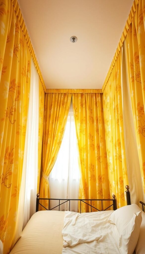 A small bedroom with an overwhelming pattern of vibrant yellow and white floral curtains covering the walls and windows, casting a warm, sun-drenched glow throughout the space. The curtains billow softly, creating a sense of movement and energy. The room is sparsely furnished, with a minimal bed frame and bedding in neutral tones to allow the curtains to take center stage. Soft, diffused lighting from a single ceiling fixture illuminates the scene, highlighting the delicate, intricate details of the fabric. The overall effect is a visually captivating, yet potentially overbearing, environment that could easily dominate a compact space. A small bedroom with an overwhelming pattern of vibrant yellow and white floral curtains covering the walls and windows, casting a warm, sun-drenched glow throughout the space. The curtains billow softly, creating a sense of movement and energy. The room is sparsely furnished, with a minimal bed frame and bedding in neutral tones to allow the curtains to take center stage. Soft, diffused lighting from a single ceiling fixture illuminates the scene, highlighting the delicate, intricate details of the fabric. The overall effect is a visually captivating, yet potentially overbearing, environment that could easily dominate a compact space.