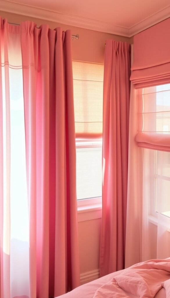 A soft, dreamy bedroom with layers of pink curtains and complementary window treatments. The foreground features a pair of delicate, sheer pink curtains adorned with subtle pleats, gently billowing in a warm, natural light. In the middle ground, a set of heavier, textured curtains in a deeper shade of pink add depth and warmth, framing the windows. The background showcases a mix of roman shades and sheer panels in coordinating tones, creating a harmonious, layered aesthetic. The lighting is warm and diffused, casting a glowing, romantic ambiance throughout the space. The overall mood is one of softness, comfort, and a touch of feminine elegance. A soft, dreamy bedroom with layers of pink curtains and complementary window treatments. The foreground features a pair of delicate, sheer pink curtains adorned with subtle pleats, gently billowing in a warm, natural light. In the middle ground, a set of heavier, textured curtains in a deeper shade of pink add depth and warmth, framing the windows. The background showcases a mix of roman shades and sheer panels in coordinating tones, creating a harmonious, layered aesthetic. The lighting is warm and diffused, casting a glowing, romantic ambiance throughout the space. The overall mood is one of softness, comfort, and a touch of feminine elegance.
