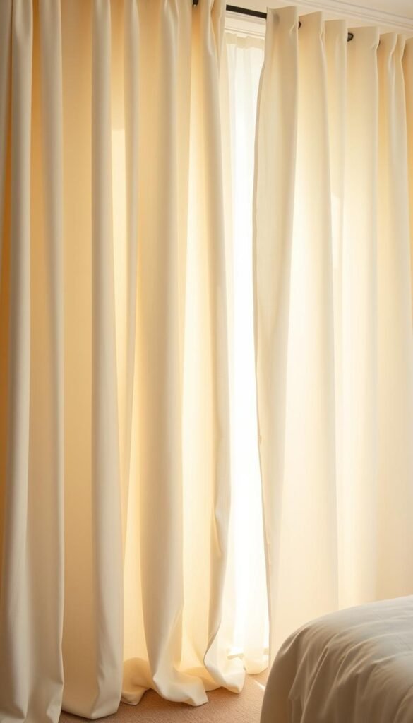 A soft, muted comparison of cream curtain color shades, artfully arranged in a natural light-filled setting. A foreground display of several flowing fabric swatches in varying off-white tones - eggshell, vanilla, linen, and ivory - delicately draped and cascading. In the middle ground, the curtains are partially drawn, revealing a bright, airy bedroom space with subtle shadows and highlights. The background features a tranquil, neutral-toned wall, allowing the focus to remain on the nuanced shades of cream. Warm, diffused lighting casts a cozy, inviting glow, capturing the essence of a relaxing, comfortable bedroom ambiance.