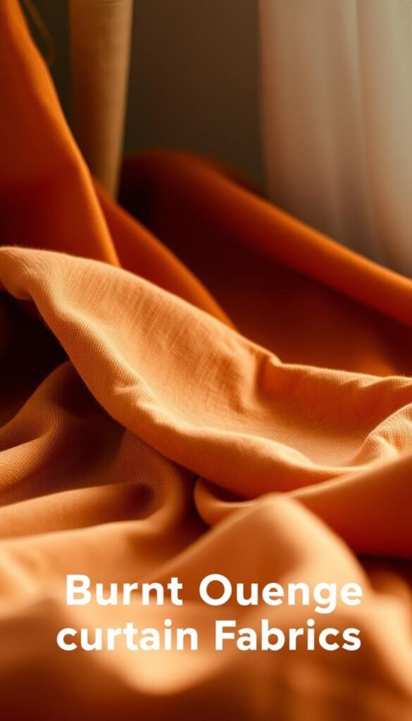 A softly lit, close-up photograph of various fabric samples in a warm, burnt orange hue. The fabrics are draped and folded, showcasing their texture and weave. The fabrics are arranged in the foreground, with a slightly blurred, neutral background that allows the materials to be the focal point. Lighting is gentle and diffused, creating a cozy, inviting atmosphere. The image should convey the rustic, earthy qualities of the burnt orange curtain fabric options, providing visual inspiration for the bedroom curtain article. A softly lit, close-up photograph of various fabric samples in a warm, burnt orange hue. The fabrics are draped and folded, showcasing their texture and weave. The fabrics are arranged in the foreground, with a slightly blurred, neutral background that allows the materials to be the focal point. Lighting is gentle and diffused, creating a cozy, inviting atmosphere. The image should convey the rustic, earthy qualities of the burnt orange curtain fabric options, providing visual inspiration for the bedroom curtain article.