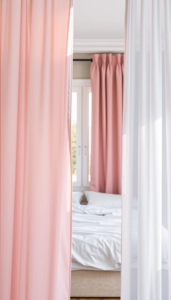 A soothing, harmonious bedroom scene. In the foreground, delicate pink curtains flow gracefully, their soft folds gently billowing in a warm, natural light. Complementing them, plush blue curtains frame the window, creating a balanced, tranquil composition. The middle ground showcases a tranquil, minimalist bed with crisp white linens, allowing the curtain colors to take center stage. The background features a muted, calming wall color, accentuating the serene atmosphere. The overall effect is one of a peaceful, dreamy haven, where the interplay of pink and blue creates a calming, balanced harmony. A soothing, harmonious bedroom scene. In the foreground, delicate pink curtains flow gracefully, their soft folds gently billowing in a warm, natural light. Complementing them, plush blue curtains frame the window, creating a balanced, tranquil composition. The middle ground showcases a tranquil, minimalist bed with crisp white linens, allowing the curtain colors to take center stage. The background features a muted, calming wall color, accentuating the serene atmosphere. The overall effect is one of a peaceful, dreamy haven, where the interplay of pink and blue creates a calming, balanced harmony.