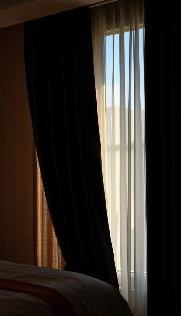 A sophisticated bedroom setting showcasing a dramatic contrast between blackout and sheer window treatments. In the foreground, a pair of sleek, ebony-colored blackout curtains cascade elegantly, casting a moody, cocooning ambiance. In the middle ground, wispy, translucent sheer panels gently sway, filtering in soft, diffused natural light. The background reveals a subtly textured wall, creating depth and a serene, high-end atmosphere. The lighting is balanced, with warm, directional illumination accentuating the rich textures and contrasting tones. Captured with a cinematic, slightly angled perspective to heighten the visual interest and drama. A sophisticated bedroom setting showcasing a dramatic contrast between blackout and sheer window treatments. In the foreground, a pair of sleek, ebony-colored blackout curtains cascade elegantly, casting a moody, cocooning ambiance. In the middle ground, wispy, translucent sheer panels gently sway, filtering in soft, diffused natural light. The background reveals a subtly textured wall, creating depth and a serene, high-end atmosphere. The lighting is balanced, with warm, directional illumination accentuating the rich textures and contrasting tones. Captured with a cinematic, slightly angled perspective to heighten the visual interest and drama.