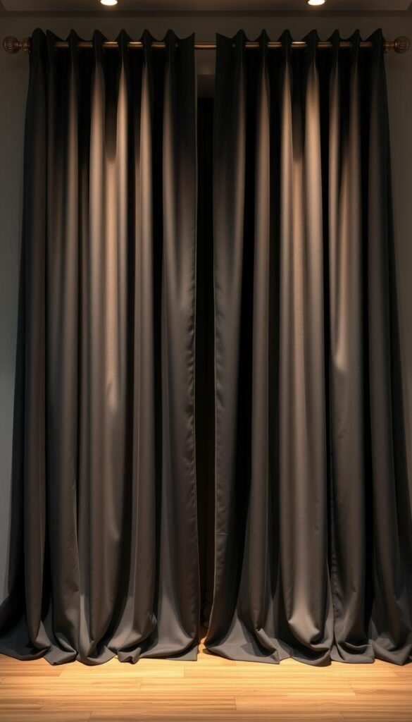 A sophisticated charcoal curtain setup, elegantly draped in graceful folds, illuminated by warm lighting. The curtains are the central focal point, framed by a modern minimalist room setting with clean lines and neutral tones. The curtains are made of a high-quality, heavy-duty fabric that cascades effortlessly, creating a sense of luxurious texture and depth. Subtle metallic accents, such as curtain rods and hardware, complement the muted color palette. The lighting, a mix of soft ambient and focused task lighting, casts gentle shadows that highlight the curtain's dimensionality. An overall mood of refined elegance and understated sophistication permeates the scene.