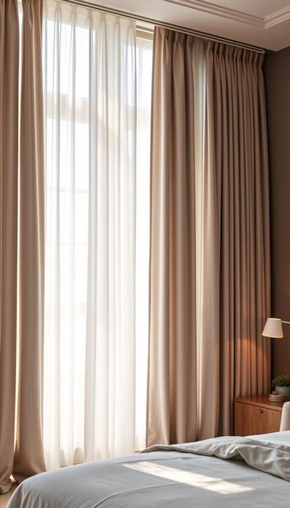 A sophisticated living space with elegant grey curtains, designed to seamlessly control the ambiance. The curtains hang floor-to-ceiling, their soft folds gently undulating in a warm, natural light. Muted tones and a sleek, modern aesthetic create a tranquil, private atmosphere, perfect for a serene bedroom retreat. Subtle details like delicate pleats and a hint of sheen elevate the textiles, while carefully considered lighting casts a warm, diffused glow throughout the space. This bespoke curtain setup strikes the perfect balance between light, privacy, and refined style.