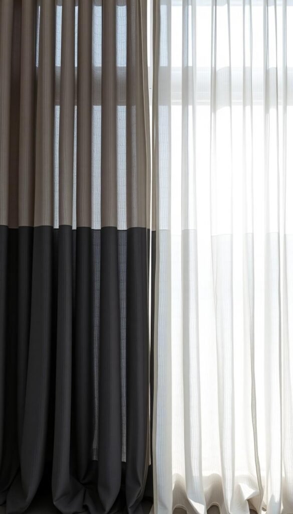 A sophisticated spectrum of grey curtains, cascading from soft dove to deep charcoal. Sunlight filters through the sheer, textured fabric, casting a soothing, muted glow across the room. The curtains hang in elegant folds, their hues transitioning seamlessly from the palest silver to the richest ebony. Crisp shadows play across the surface, adding depth and dimension. A serene, modern ambiance is achieved through the harmonious blending of these nuanced grey tones, inviting a sense of tranquility and refined elegance.