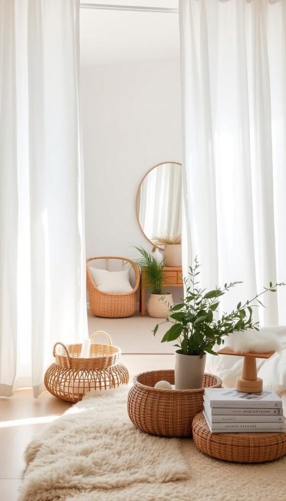 A spacious and airy bedroom with white linen curtains that gently billow in the breeze. In the foreground, a collection of carefully curated decor elements, including a woven basket, a potted plant, and a stack of artfully arranged books. The middle ground features a plush, neutral-toned area rug, complementing the muted color palette. In the background, a wall-mounted mirror reflects the natural light, creating a sense of depth and warmth. The overall scene exudes a calming, minimalist atmosphere, where the white curtains serve as a blank canvas for the harmonious blend of decorative accents. A spacious and airy bedroom with white linen curtains that gently billow in the breeze. In the foreground, a collection of carefully curated decor elements, including a woven basket, a potted plant, and a stack of artfully arranged books. The middle ground features a plush, neutral-toned area rug, complementing the muted color palette. In the background, a wall-mounted mirror reflects the natural light, creating a sense of depth and warmth. The overall scene exudes a calming, minimalist atmosphere, where the white curtains serve as a blank canvas for the harmonious blend of decorative accents.
