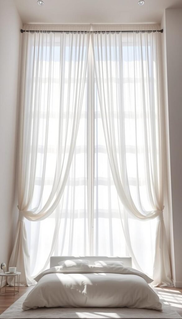 A spacious bedroom with a high-mounted, wide curtain installation that creates a sense of grandeur and elegance. The curtains hang gracefully from a sleek, minimalist curtain rod, framing the large windows and allowing an abundance of natural light to flood the room. The curtain fabric has a luxurious, crisp white sheen, complementing the serene, airy aesthetic of the space. Soft shadows cast by the curtains add depth and dimension, while the overall composition evokes a calm, sophisticated ambiance. The curtain installation is the focal point, drawing the eye upwards and outwards to enhance the perception of space and create an illusion of vastness. A spacious bedroom with a high-mounted, wide curtain installation that creates a sense of grandeur and elegance. The curtains hang gracefully from a sleek, minimalist curtain rod, framing the large windows and allowing an abundance of natural light to flood the room. The curtain fabric has a luxurious, crisp white sheen, complementing the serene, airy aesthetic of the space. Soft shadows cast by the curtains add depth and dimension, while the overall composition evokes a calm, sophisticated ambiance. The curtain installation is the focal point, drawing the eye upwards and outwards to enhance the perception of space and create an illusion of vastness.