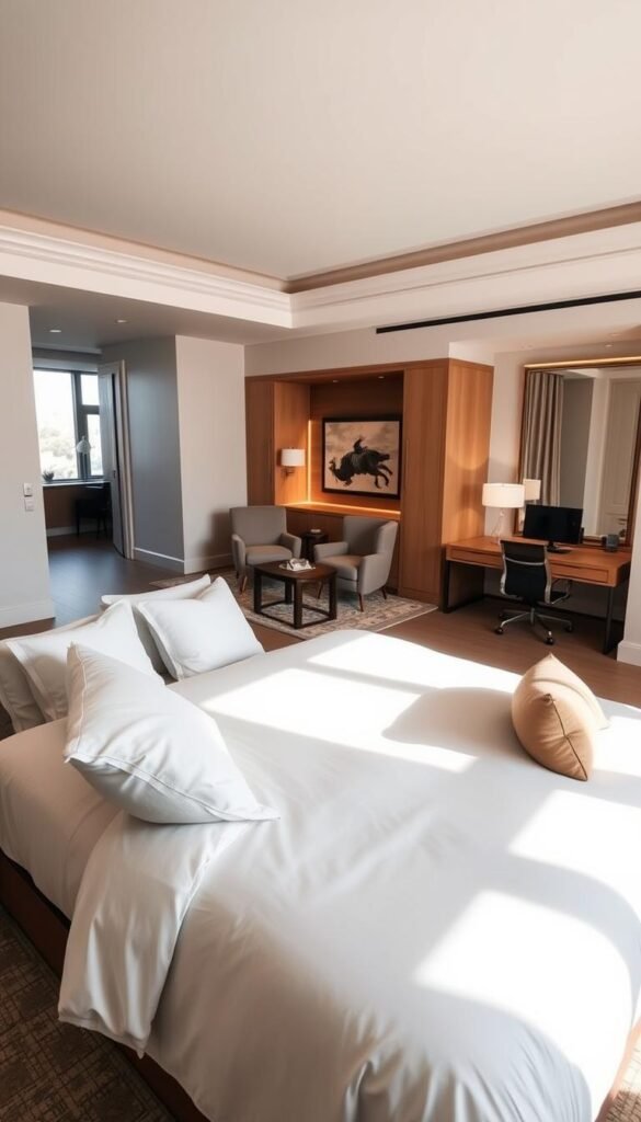 A spacious master bedroom with distinct functional zones. In the foreground, a plush king-size bed adorned with crisp white linens and decorative pillows, bathed in warm, natural lighting from floor-to-ceiling windows. Adjacent, a cozy seating area with a pair of elegant armchairs and a minimalist coffee table, creating an intimate conversation nook. In the background, a dedicated workspace with a sleek wooden desk and ergonomic chair, surrounded by built-in shelving and subtle accent lighting. The room exudes a harmonious, modern aesthetic with clean lines, muted colors, and thoughtful zoning to maximize both form and function.