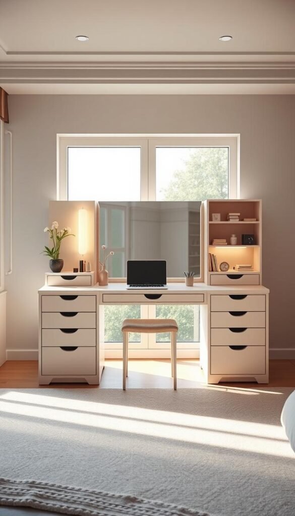 A spacious, multi-functional vanity desk with a contemporary, minimalist design. The desk features a large, sleek surface that can accommodate a laptop, makeup, and other essentials. A built-in mirror with adjustable lighting illuminates the area, creating a well-lit and practical workspace. Complementary drawers and shelves provide ample storage for beauty products and personal items. The desk is placed in a bright, airy bedroom setting, with natural light filtering in through large windows. Soft, indirect lighting casts a warm, inviting glow, creating a serene and harmonious atmosphere. The overall design seamlessly blends functionality and aesthetic appeal, making it an ideal centerpiece for a modern, versatile girls' bedroom.