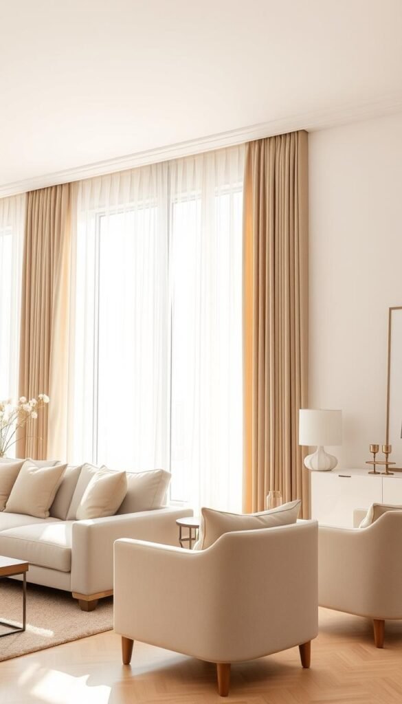 A spacious, sun-filled living room with neutral curtains gently billowing in a soft breeze. The curtains, in a calming beige or gray hue, elegantly frame the windows, casting a warm, diffused light throughout the space. The curtains seamlessly blend with the neutral color palette of the room, creating a harmonious and elevated atmosphere. In the foreground, a comfortable sofa and armchairs invite relaxation, while in the background, a minimalist, modern decor enhances the refined and serene ambiance. The scene is captured with a wide-angle lens, highlighting the transformative power of the neutral curtains in elevating the overall living space. A spacious, sun-filled living room with neutral curtains gently billowing in a soft breeze. The curtains, in a calming beige or gray hue, elegantly frame the windows, casting a warm, diffused light throughout the space. The curtains seamlessly blend with the neutral color palette of the room, creating a harmonious and elevated atmosphere. In the foreground, a comfortable sofa and armchairs invite relaxation, while in the background, a minimalist, modern decor enhances the refined and serene ambiance. The scene is captured with a wide-angle lens, highlighting the transformative power of the neutral curtains in elevating the overall living space.